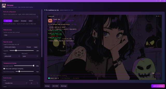 Arcane com opções de aparência e prévia do Windows Terminal