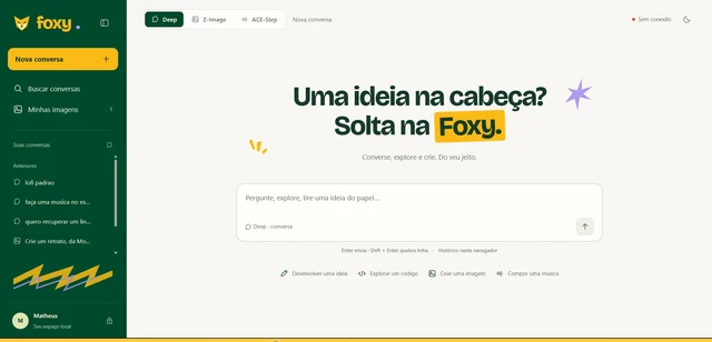 Tela inicial da Foxy com op??es de conversa, imagem e m?sica